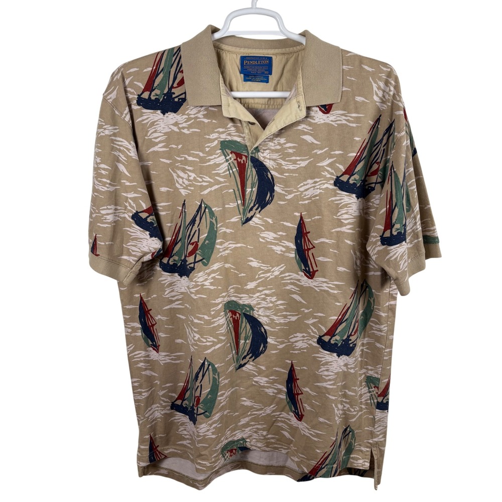 Pendleton Polo Shirt Men's XL Tan Sailboat Nautical Print Cotton Short Sleeve